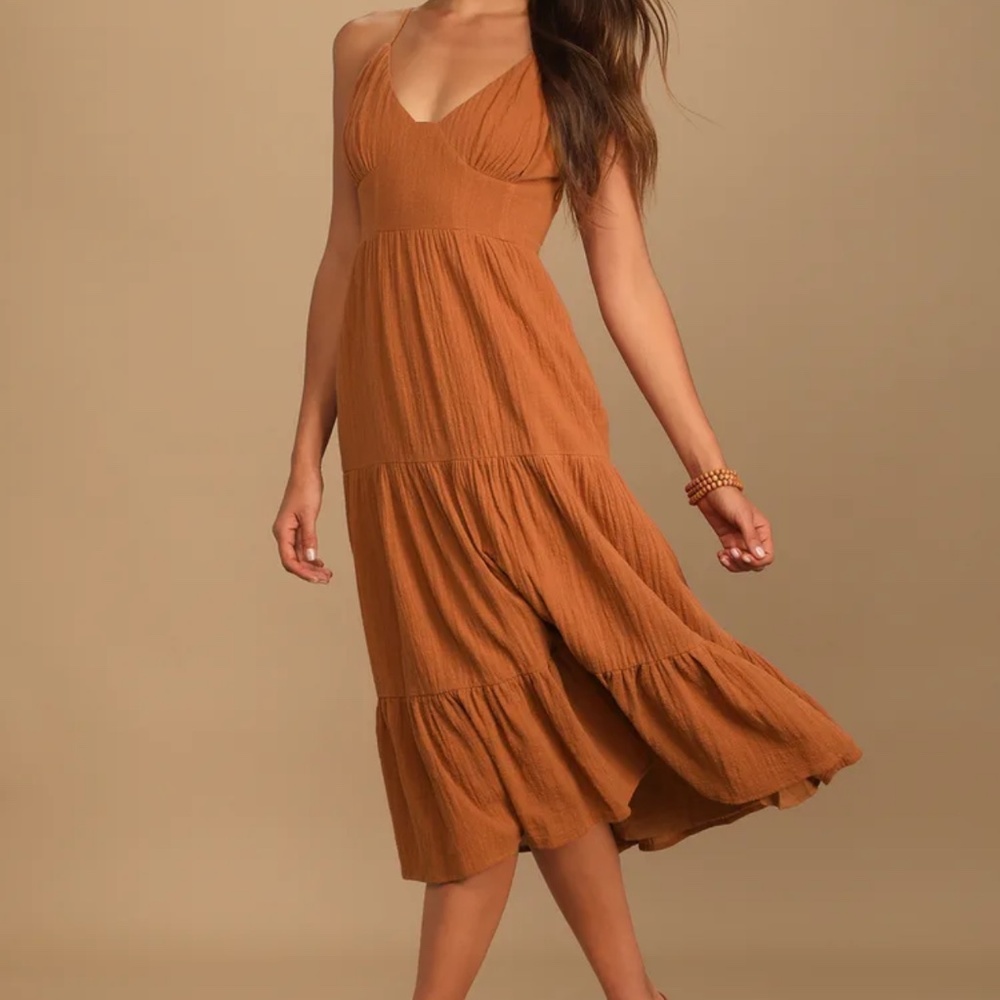 LULUS Bliss Abound Rust Brown Tiered Midi Dress